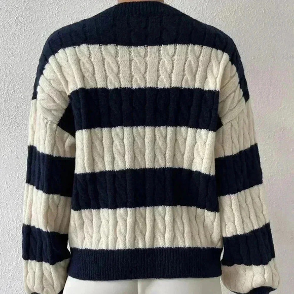 Multicolor Casual Women's Two Tone Cable Knit Drop Shoulder Sweater - Picture 3 of 6